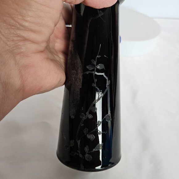 Czechoslovakian Pottery Vase Black Hand-Etched Bird Motif Gloss Finish 6.5"t - Picture 9 of 16